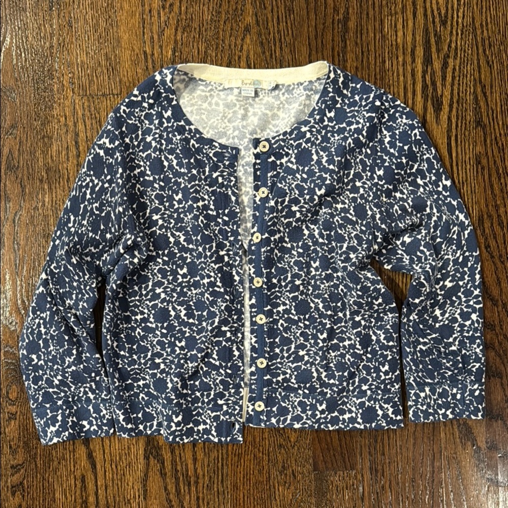 Boden Blue and White Cardigan Sweater with Floral Design